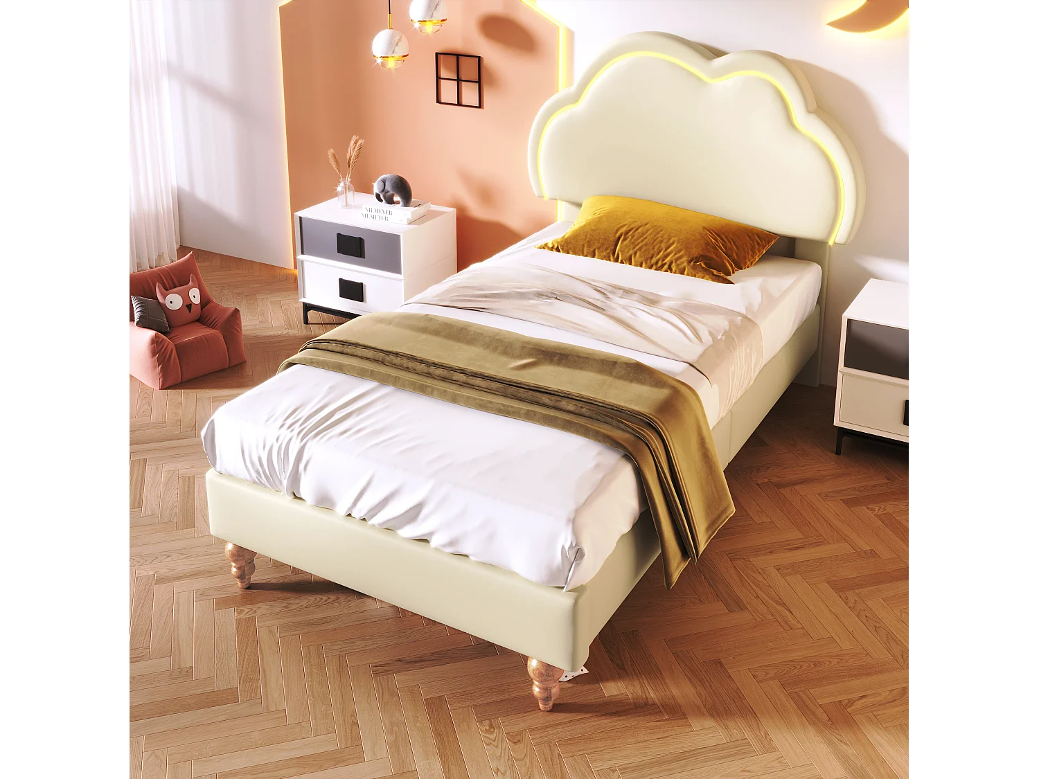 Cama tapizada 90 x 200 cm con cabecero nube regulable - Piel sintética - LED - Color crema