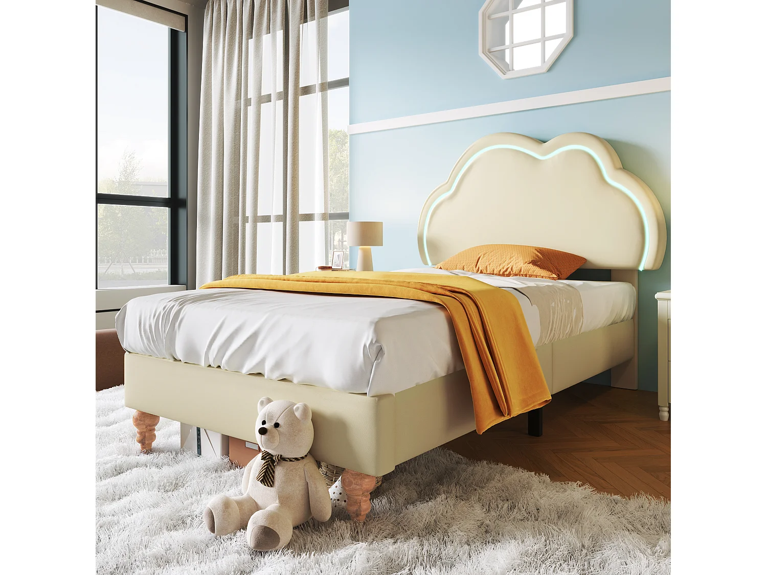 Cama tapizada 90 x 200 cm con cabecero nube regulable - Piel sintética - LED - Color crema