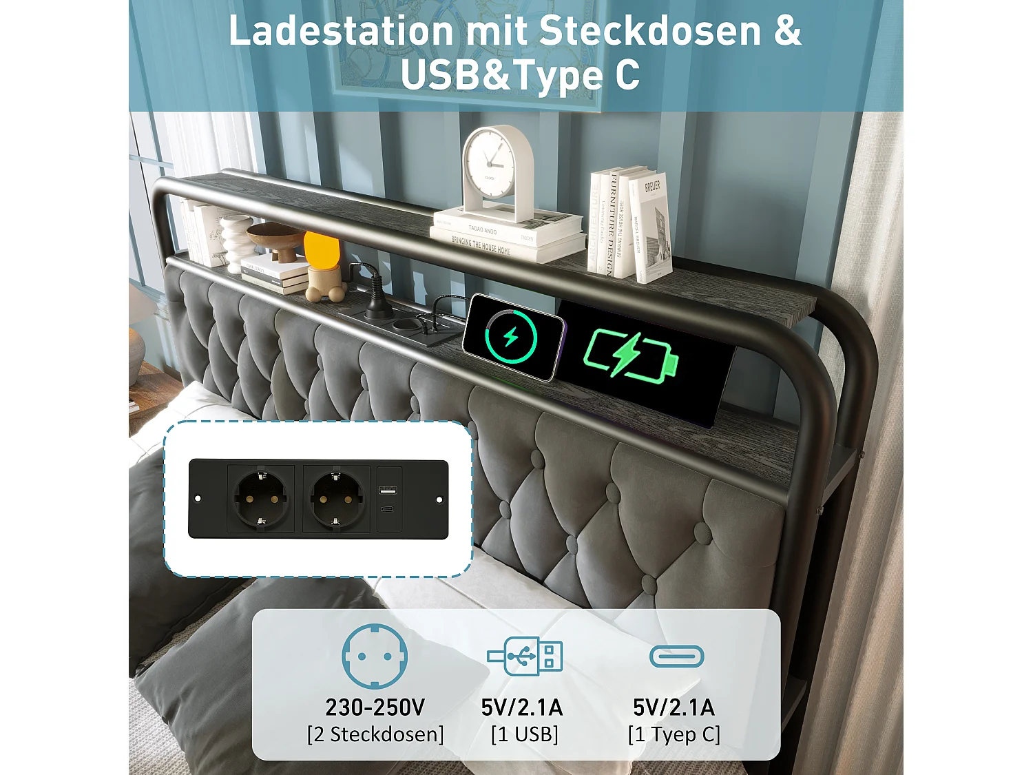 Lit capitonné 140 x 200 cm avec 2 tiroirs et tête de lit rangement - Prises USB Type C et LEDs - Velours - Gris (sans matelas)