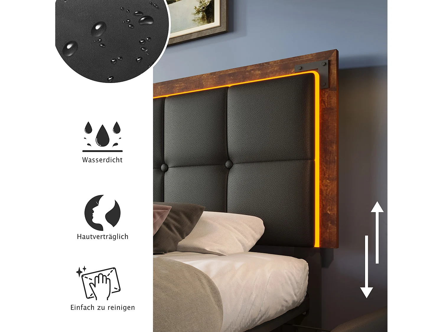 Gestoffeerd bed 90 x 200 cm met 4 laden en verstelbaar hoofdeinde - LED's - PU leer - Zwart (zonder matras)