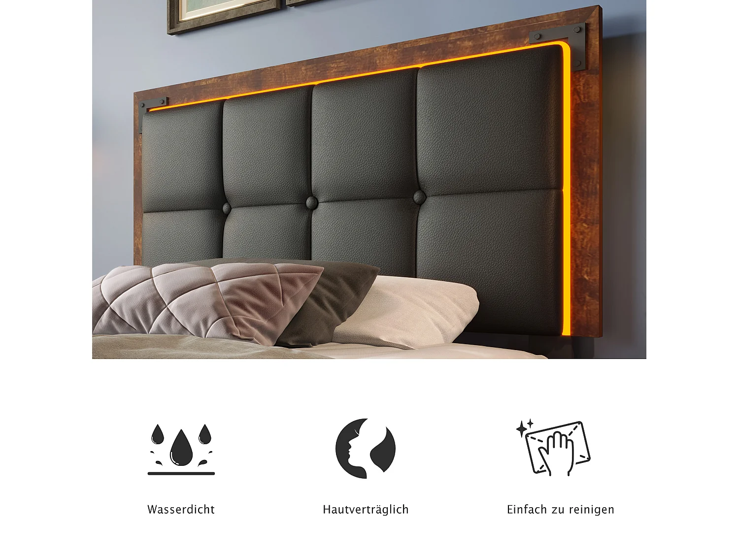 Gestoffeerd bed 90 x 200 cm met 4 laden en verstelbaar hoofdeinde - LED's - PU leer - Zwart (zonder matras)