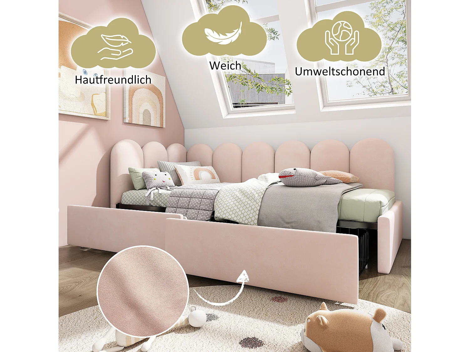 Gestoffeerd bed 90 x 200 cm met 2 lades en hoofdeinde - Fluweel - Slaapbank - Roze (zonder matras)