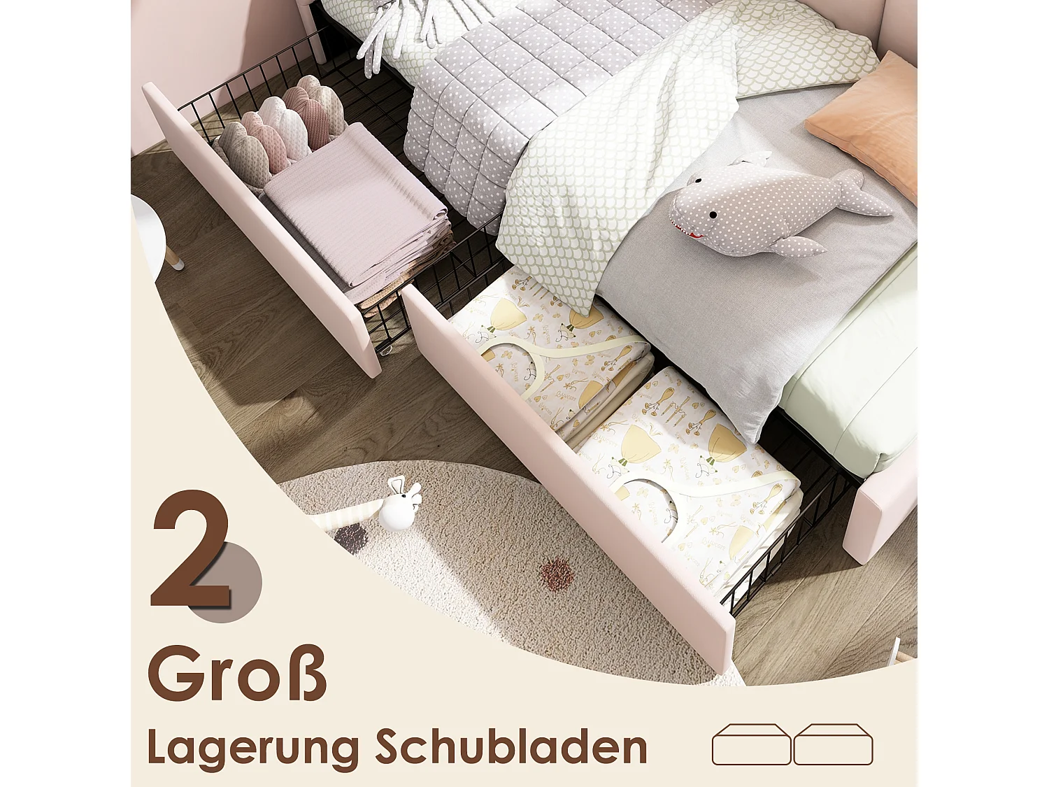 Gestoffeerd bed 90 x 200 cm met 2 lades en hoofdeinde - Fluweel - Slaapbank - Roze (zonder matras)