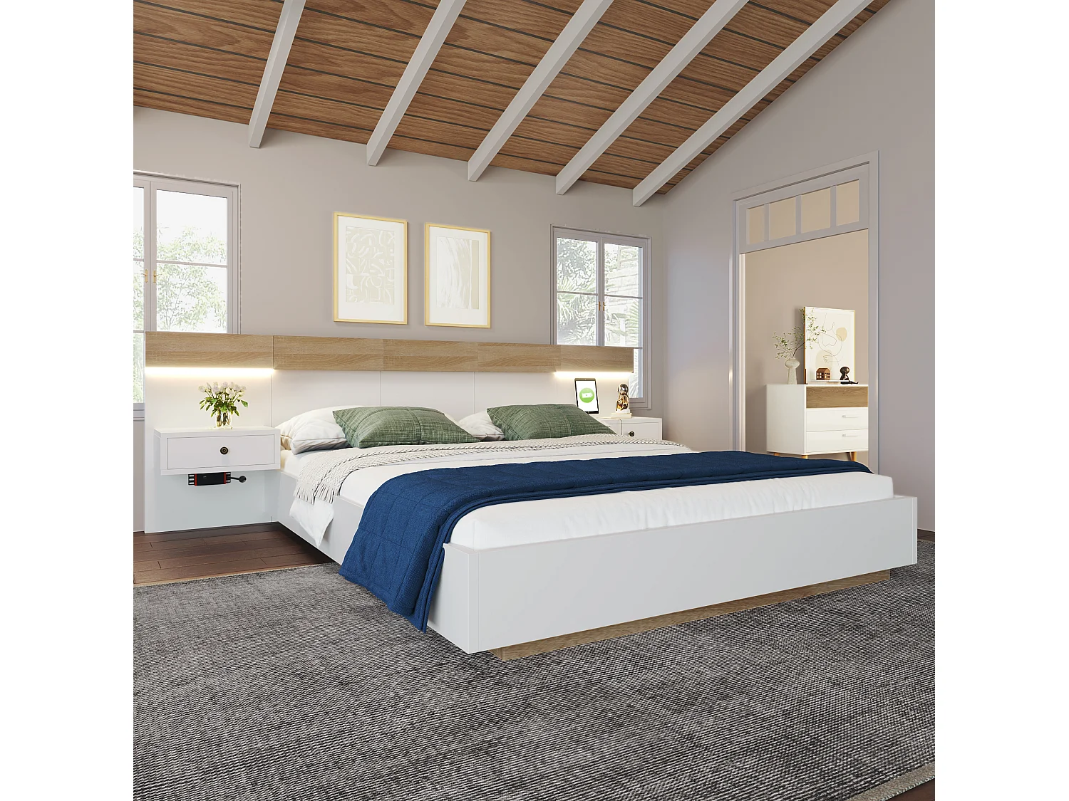 Cama de casal de madeira 180 x 200 cm com 2 gavetas - 2 mesinhas de cabeceira LED e tomada USB C - carvalho e branco