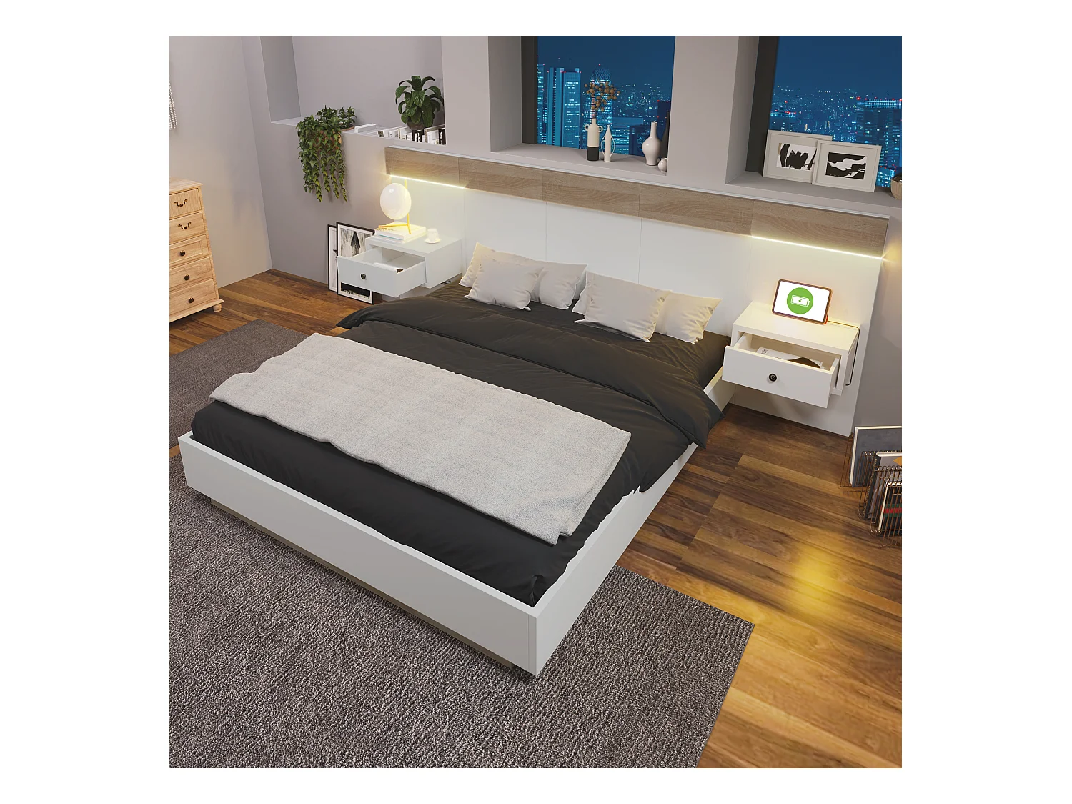 Lit double en bois 180 x 200 cm avec 2 tiroirs - 2 tables de nuit LED et prise USB C -  coloris chêne et blanc