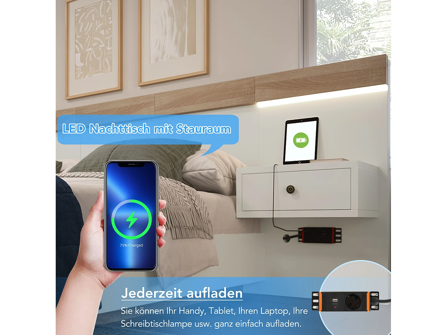 Doppelbett aus Holz 180 x 200 cm mit 2 Schubladen – 2 LED-Nachttische und USB-C-Buchse – Farbe Eiche und Weiß