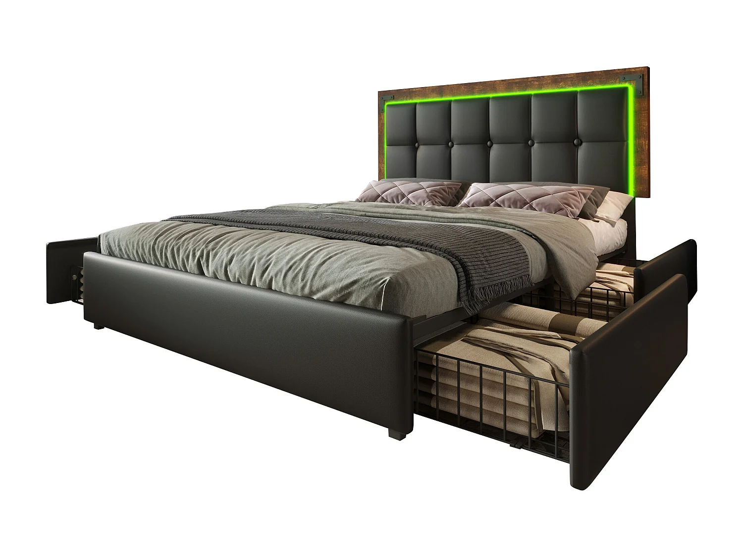 Lit capitonné 160 x 200 cm avec 4 tiroirs et tête de lit réglable - LEDs - Cuir PU - Noir (sans matelas)