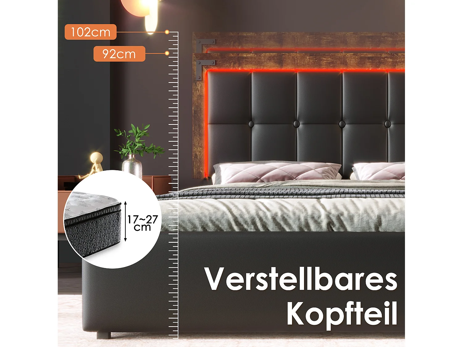 Letto imbottito 160 x 200 cm con 4 cassetti e testiera regolabile - LED - Pelle PU - Nero (senza materasso)