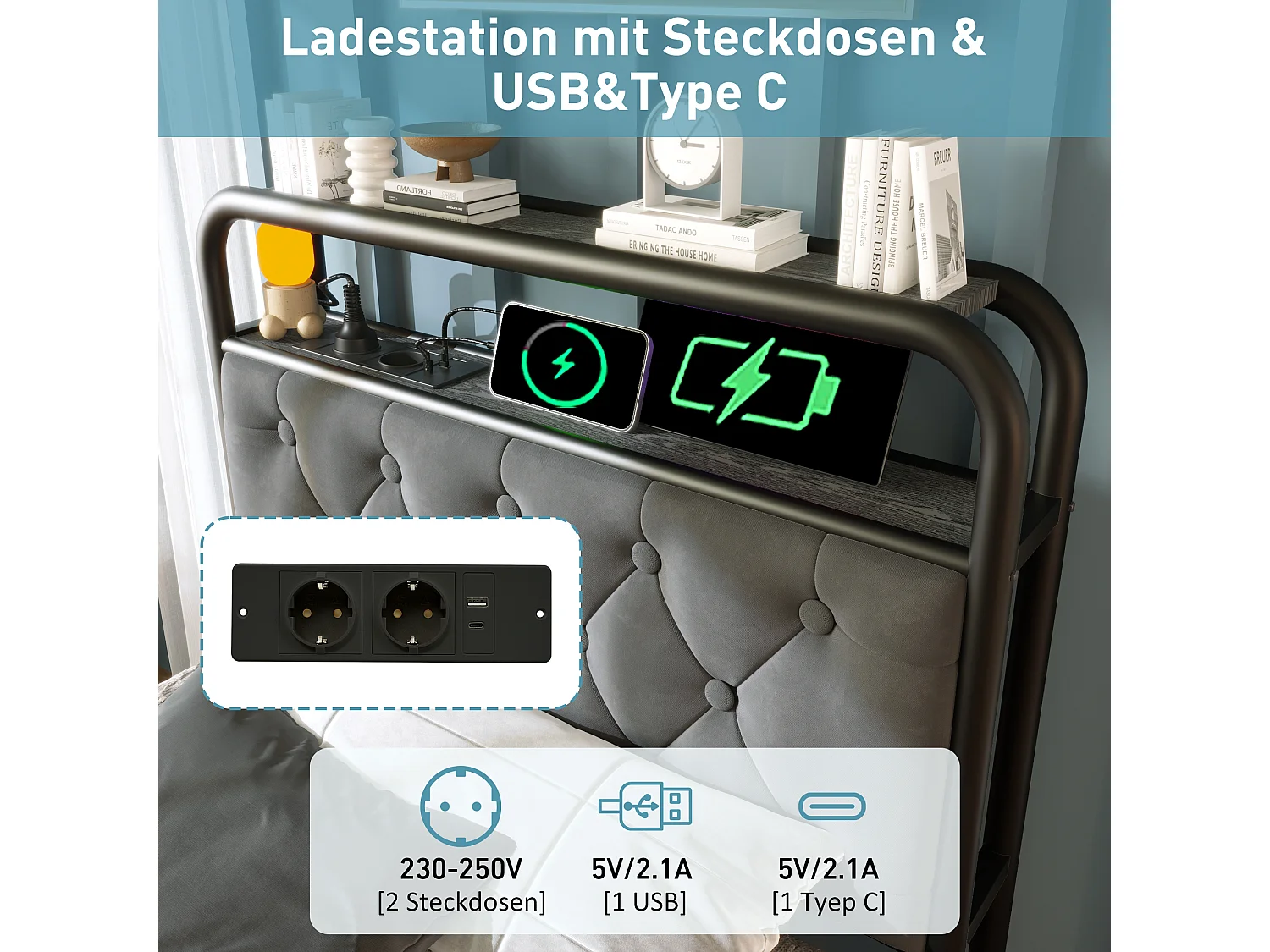 Cama estofada 90 x 200 cm com 2 gavetas e cabeceira de arrumação - Tomadas USB tipo C e LEDs - Veludo - Cinzento (sem colchão)