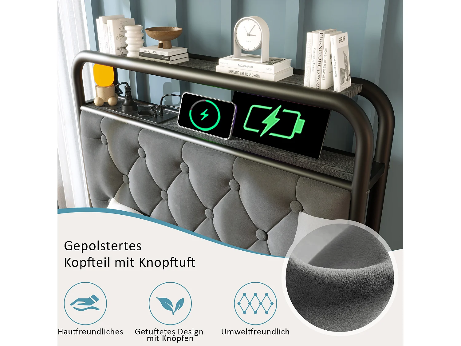 Cama estofada 90 x 200 cm com 2 gavetas e cabeceira de arrumação - Tomadas USB tipo C e LEDs - Veludo - Cinzento (sem colchão)