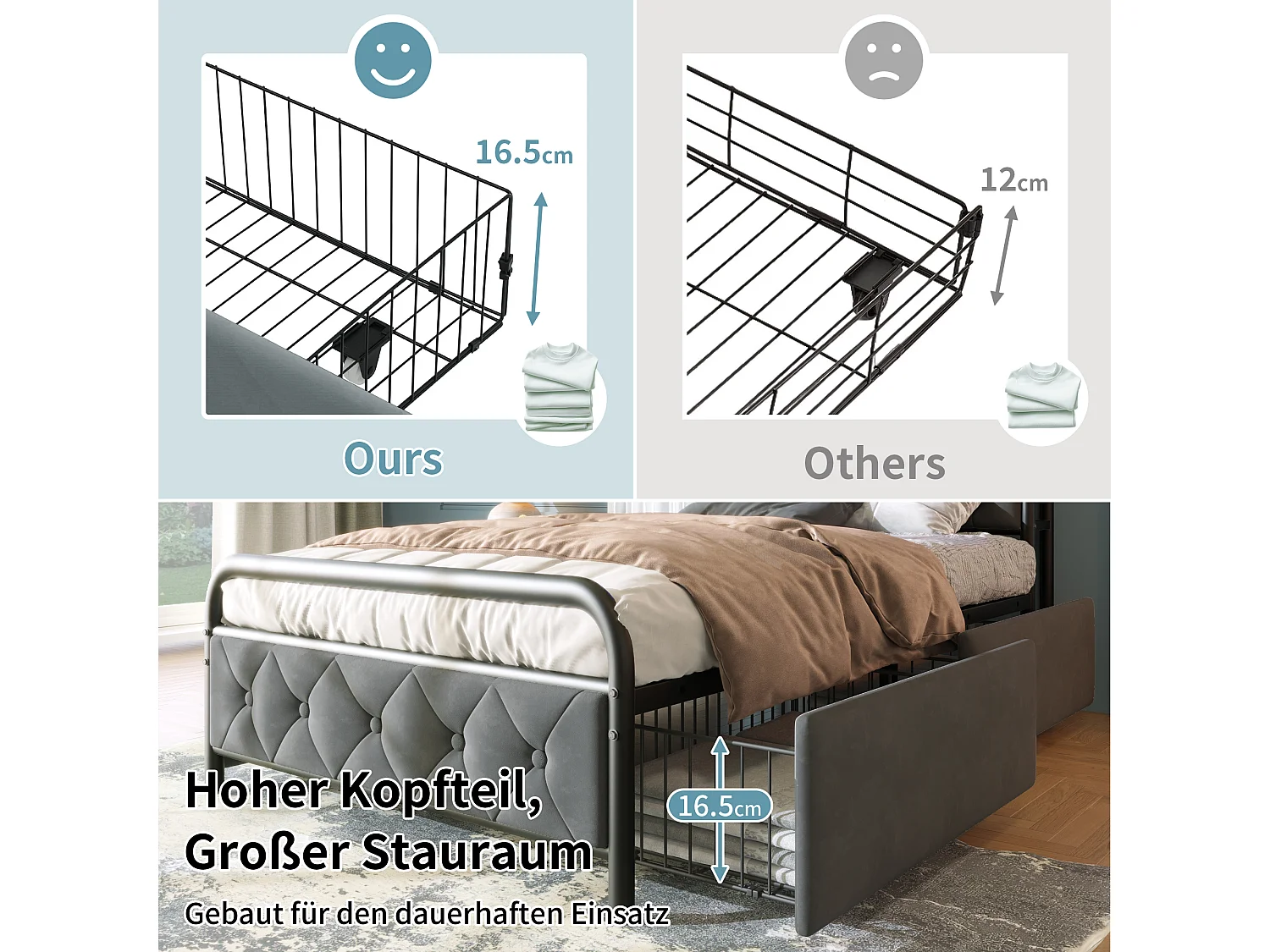 Cama estofada 90 x 200 cm com 2 gavetas e cabeceira de arrumação - Tomadas USB tipo C e LEDs - Veludo - Cinzento (sem colchão)