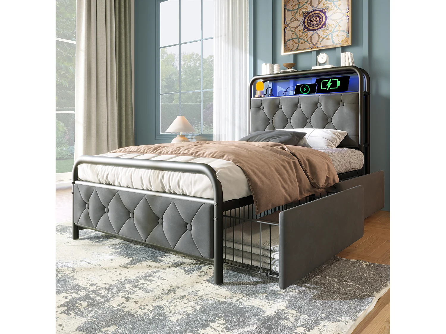 Cama estofada 90 x 200 cm com 2 gavetas e cabeceira de arrumação - Tomadas USB tipo C e LEDs - Veludo - Cinzento (sem colchão)