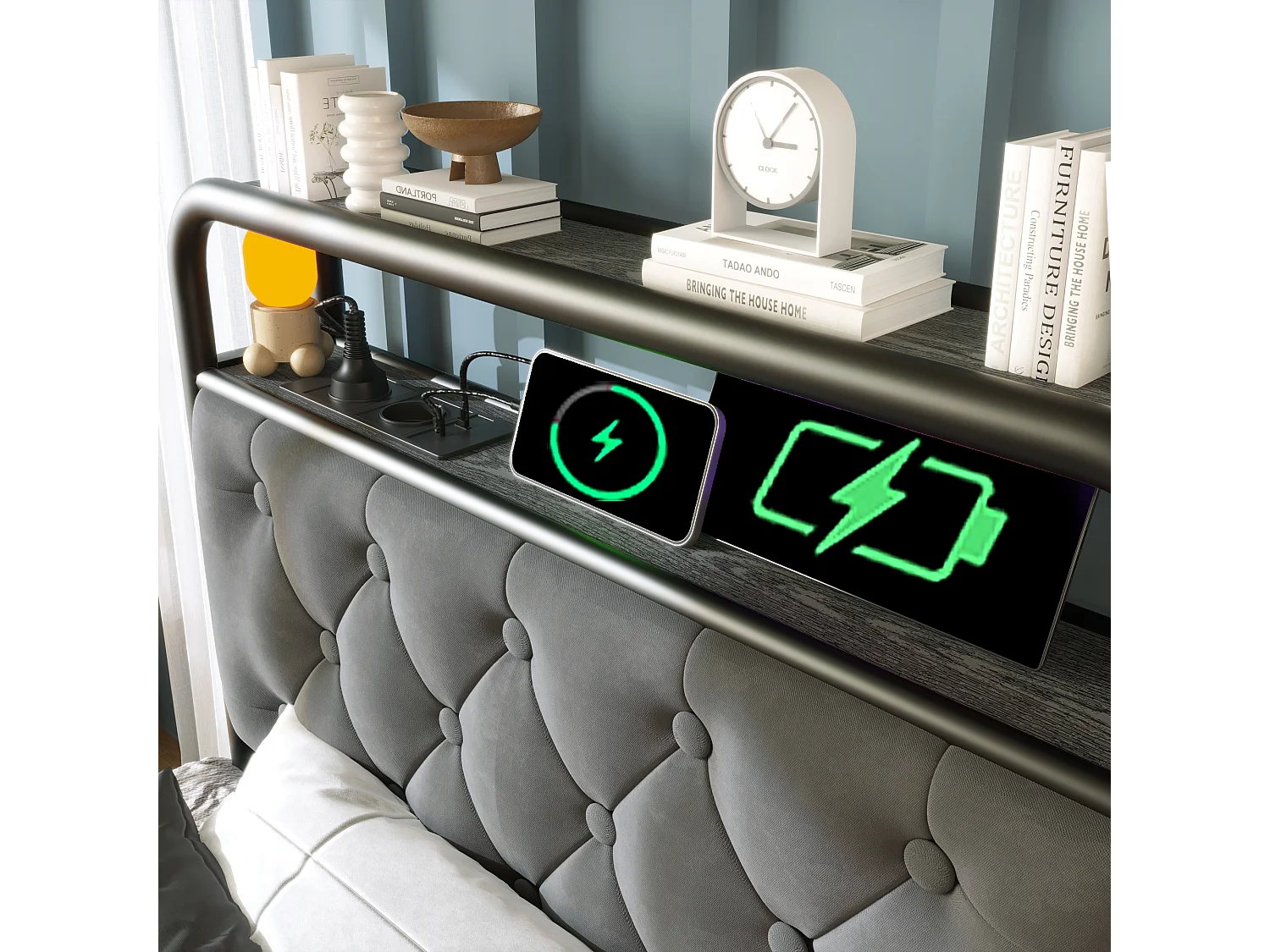 Cama estofada 90 x 200 cm com 2 gavetas e cabeceira de arrumação - Tomadas USB tipo C e LEDs - Veludo - Cinzento (sem colchão)