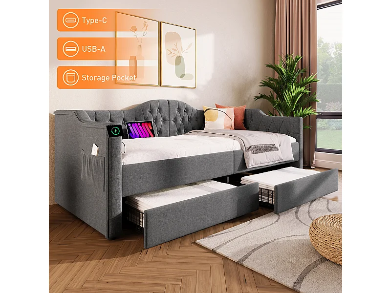 Cama estofada 90 x 190 cm com carregamento USB tipo C e 2 gavetas, sofá cama - Tecido de linho - Cinza