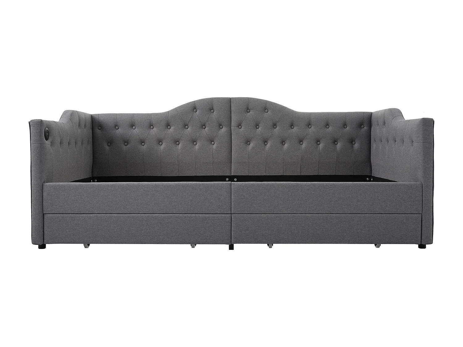 Łóżko tapicerowane 90 x 190 cm z ładowaniem USB typu C i 2 szufladami, sofa rozkładana - Tkanina lniana - Szary