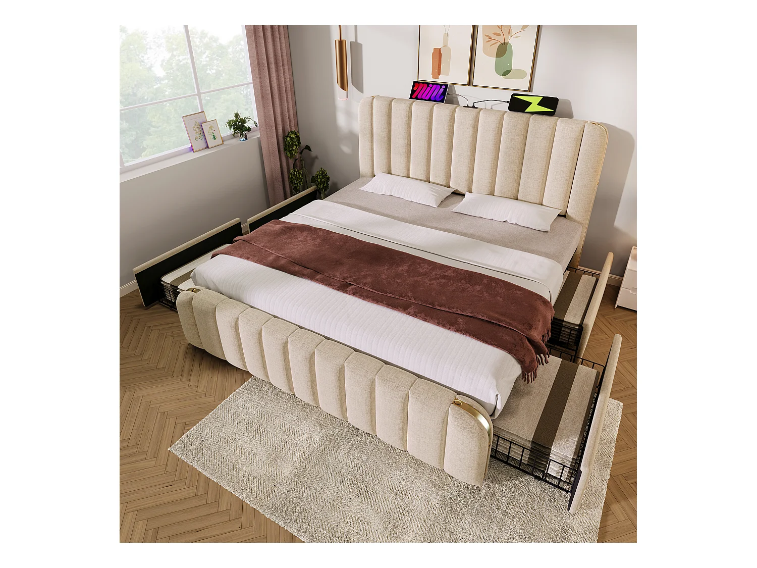 Polsterbett 180 x 200 cm mit 4 Schubladen und Kopfteil – USB- und Typ-C-Anschlüsse – Leinenstoff – Zierstreifen – Beige (ohne Matratze)