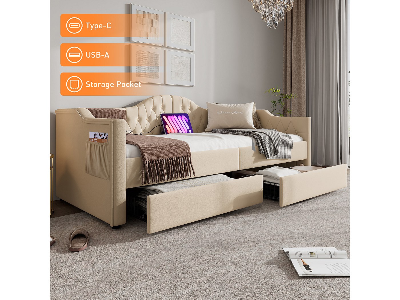 Divano Letto Imbottito In Velluto Beige Con USB-C E Cassetti - 90x190 Cm