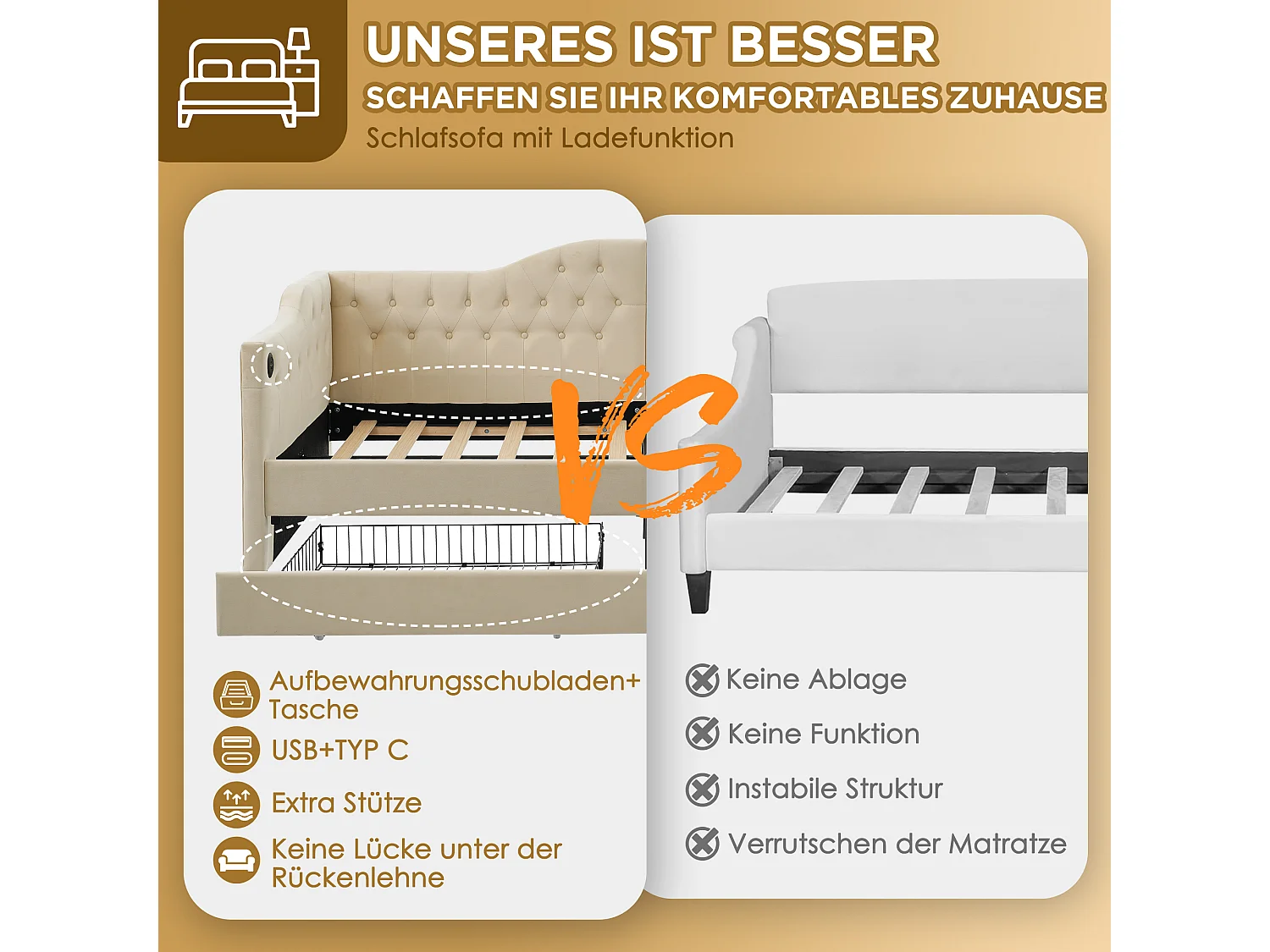 Lit capitonné 90 x 200 cm avec chargement USB Type C et 2 tiroirs, Canapé-lit - Velours - Beige