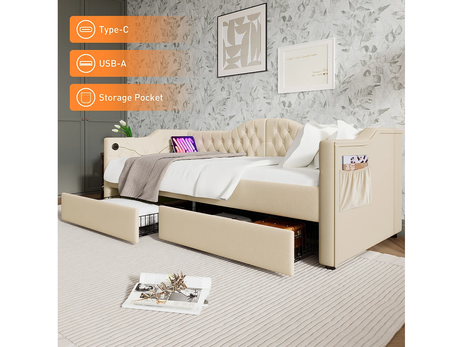 Lit capitonné 90 x 200 cm avec chargement USB Type C et 2 tiroirs, Canapé-lit - Velours - Beige