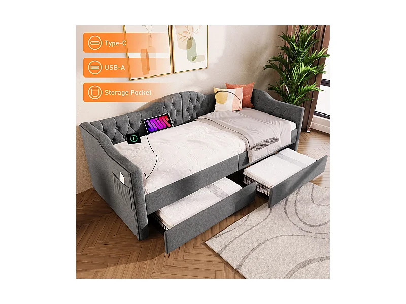 Lit capitonné 90 x 200 cm avec chargement USB Type C et 2 tiroirs, canapé-lit - Tissu en lin - Gris