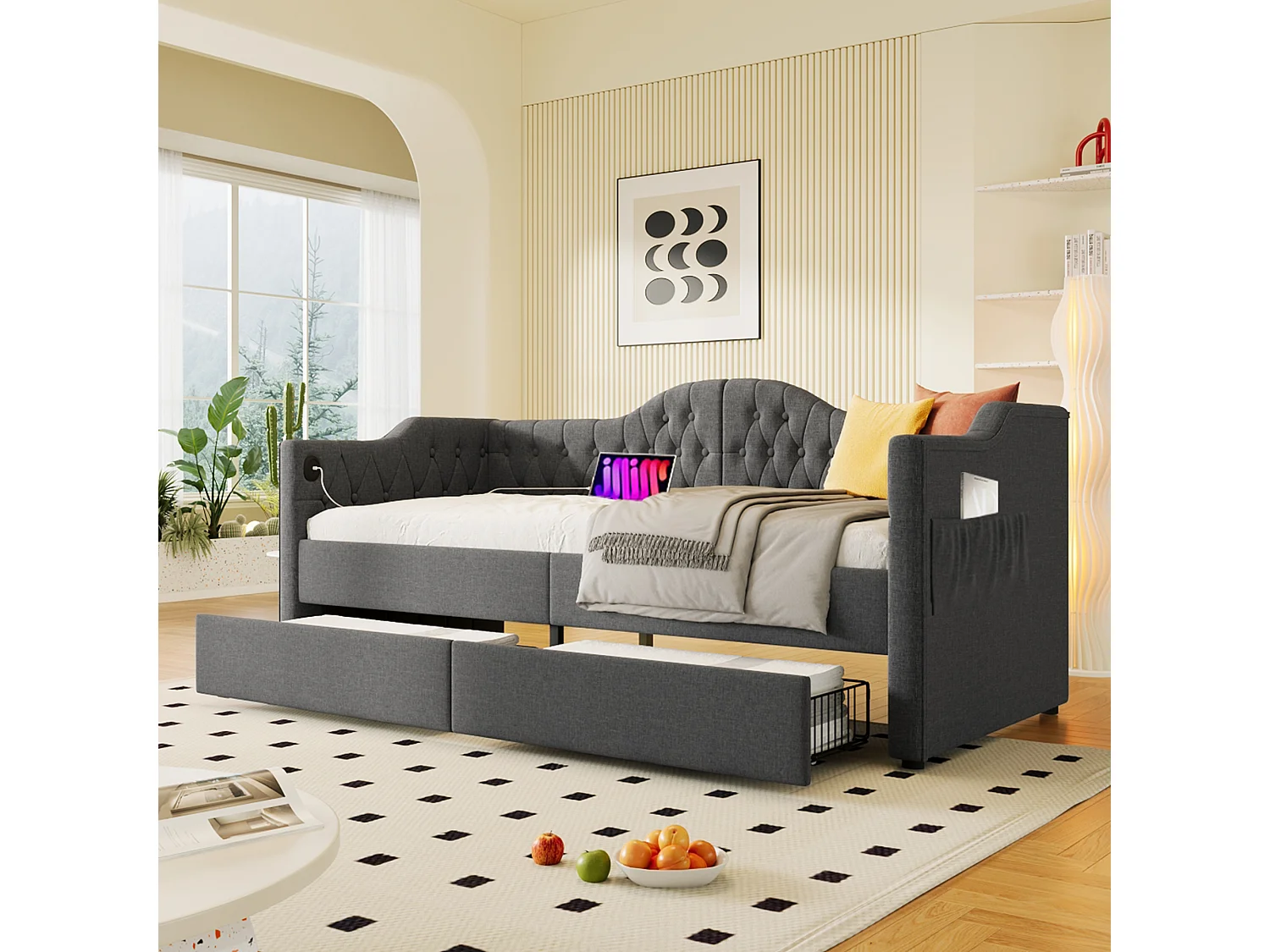 Letto imbottito 90 x 200 cm con ricarica USB tipo C e 2 cassetti, divano letto - Tessuto di lino - Grigio
