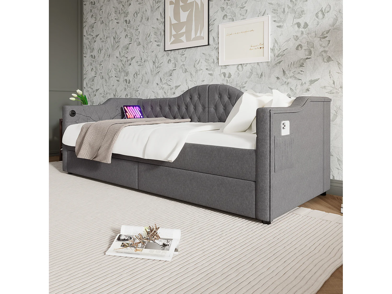 Cama tapizada de 90 x 200 cm con carga USB tipo C y 2 cajones, sofá cama - Tela de lino - Gris