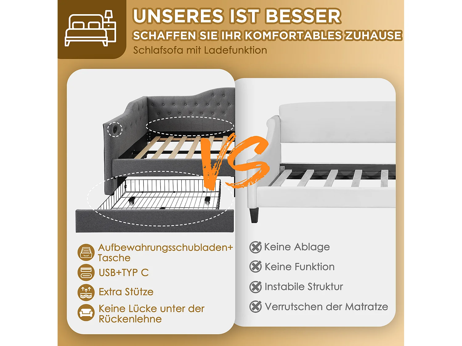 Lit capitonné 90 x 200 cm avec chargement USB Type C et 2 tiroirs, canapé-lit - Tissu en lin - Gris