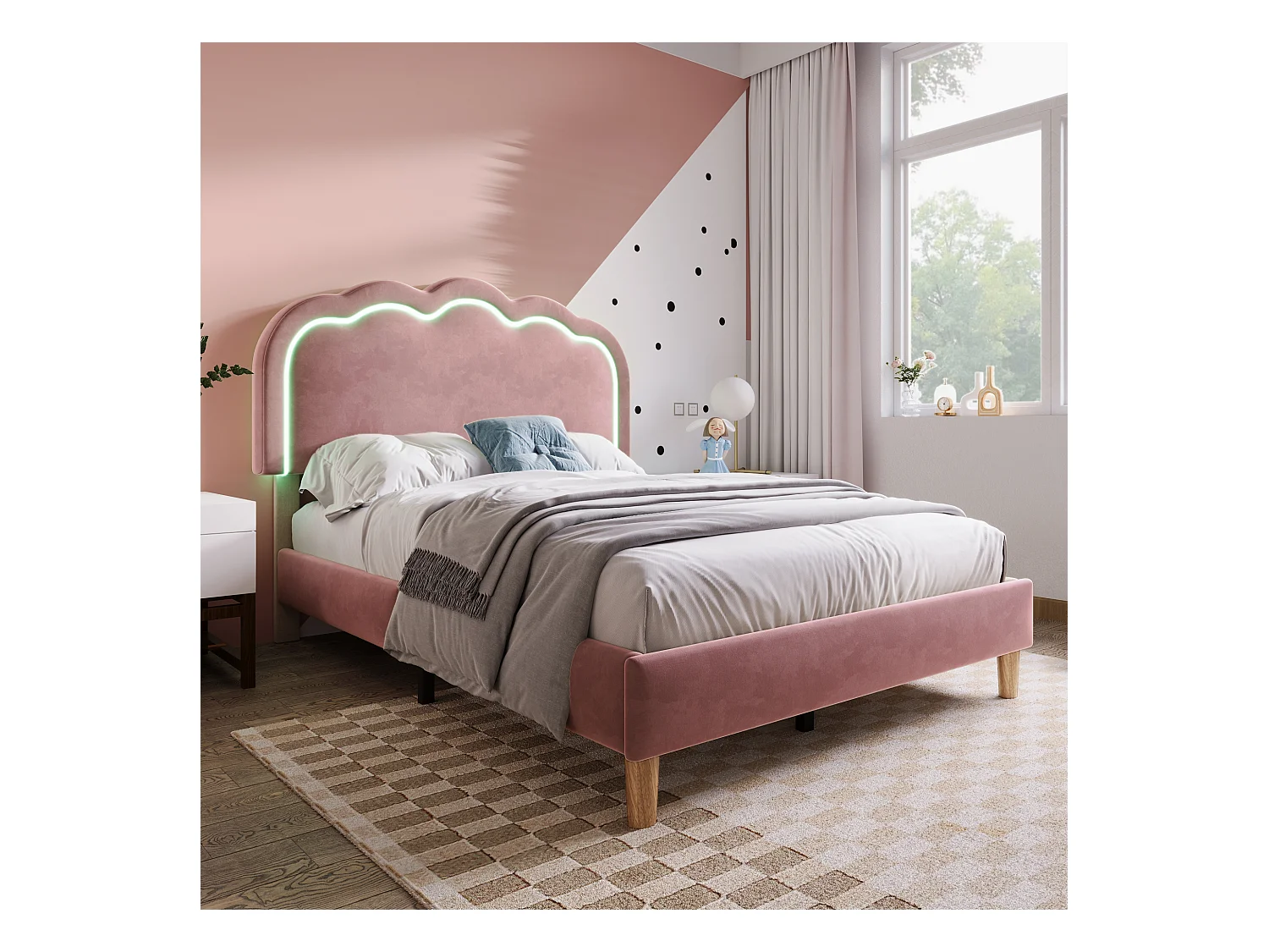 Cama 90 x 190 cm con cabecero regulable - Terciopelo - LEDs - Rosa