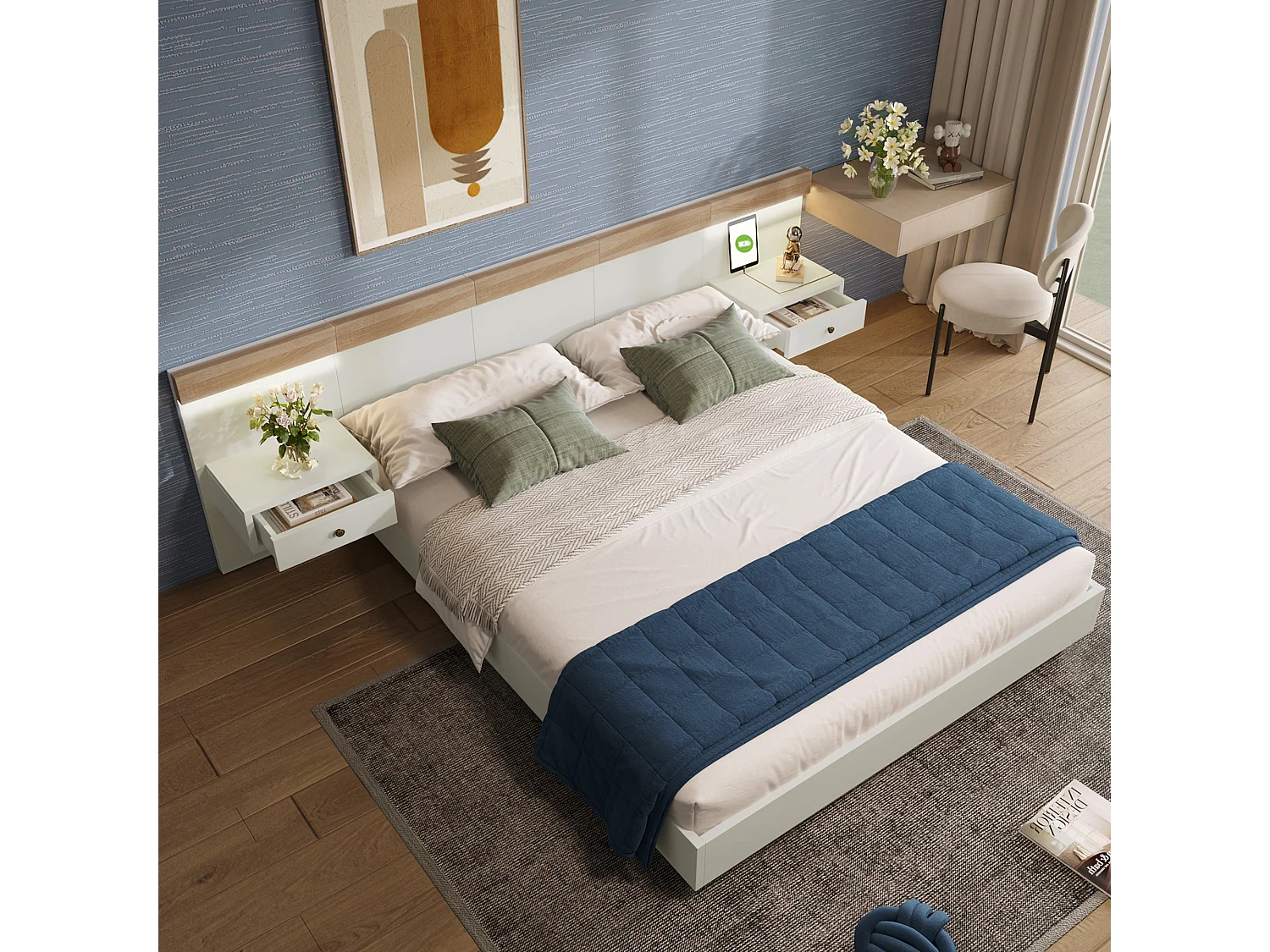 Letto matrimoniale in legno 140 x 200 cm con 2 cassetti - 2 comodini LED e presa USB C - colore rovere e bianco