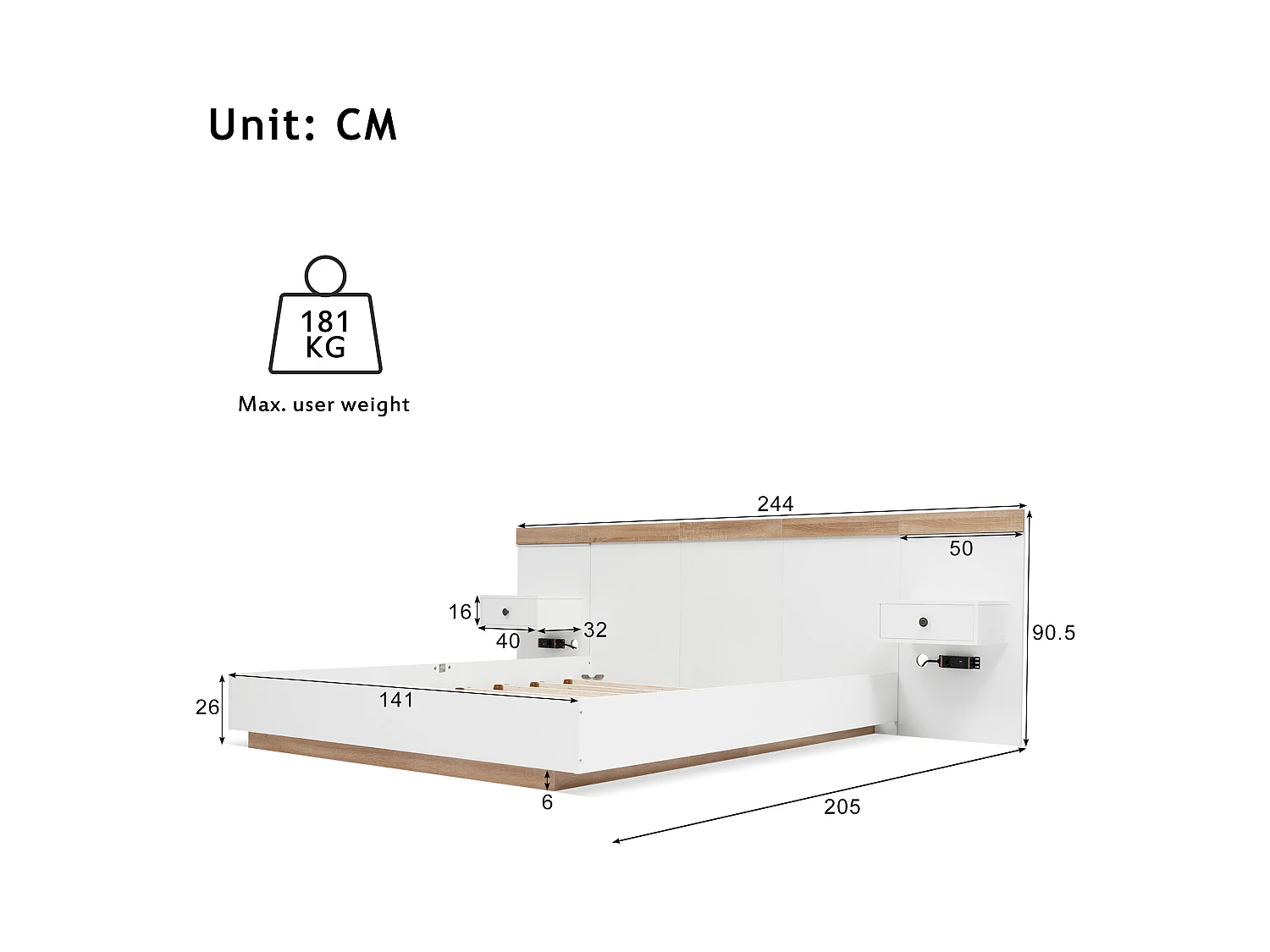 Lit double en bois 140 x 200 cm avec 2 tiroirs - 2 tables de nuit LED et prise USB C -  coloris chêne et blanc