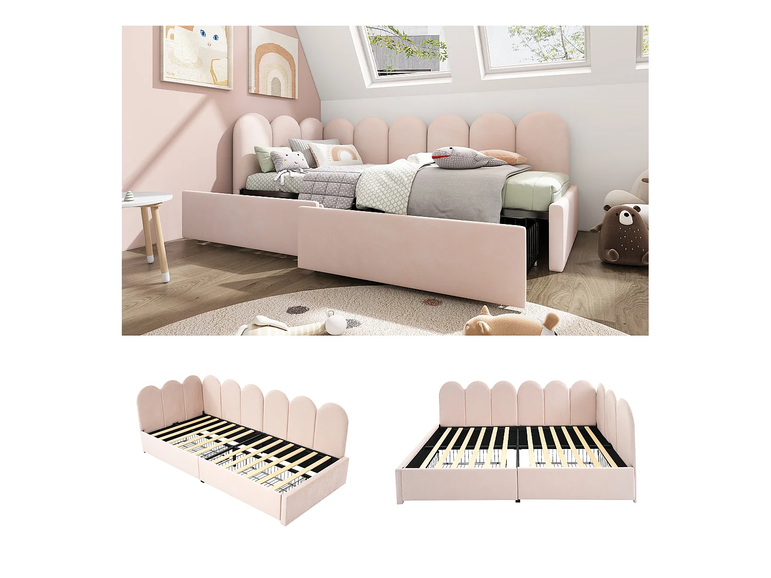Lit capitonné  90 x 190 cm avec 2 tiroirs et tête de lit - Velours - Canapé-lit - Rose (sans matelas)