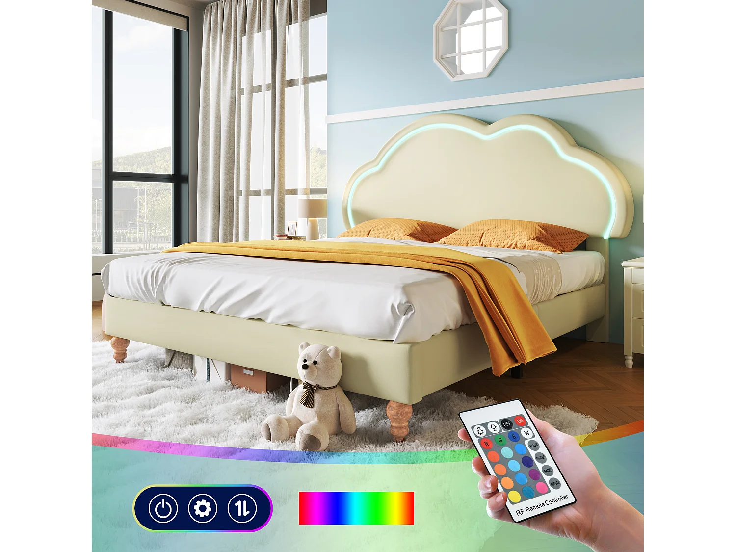 Cama tapizada 140 x 200 cm con cabecero nube ajustable - Polipiel - LED - Color crema