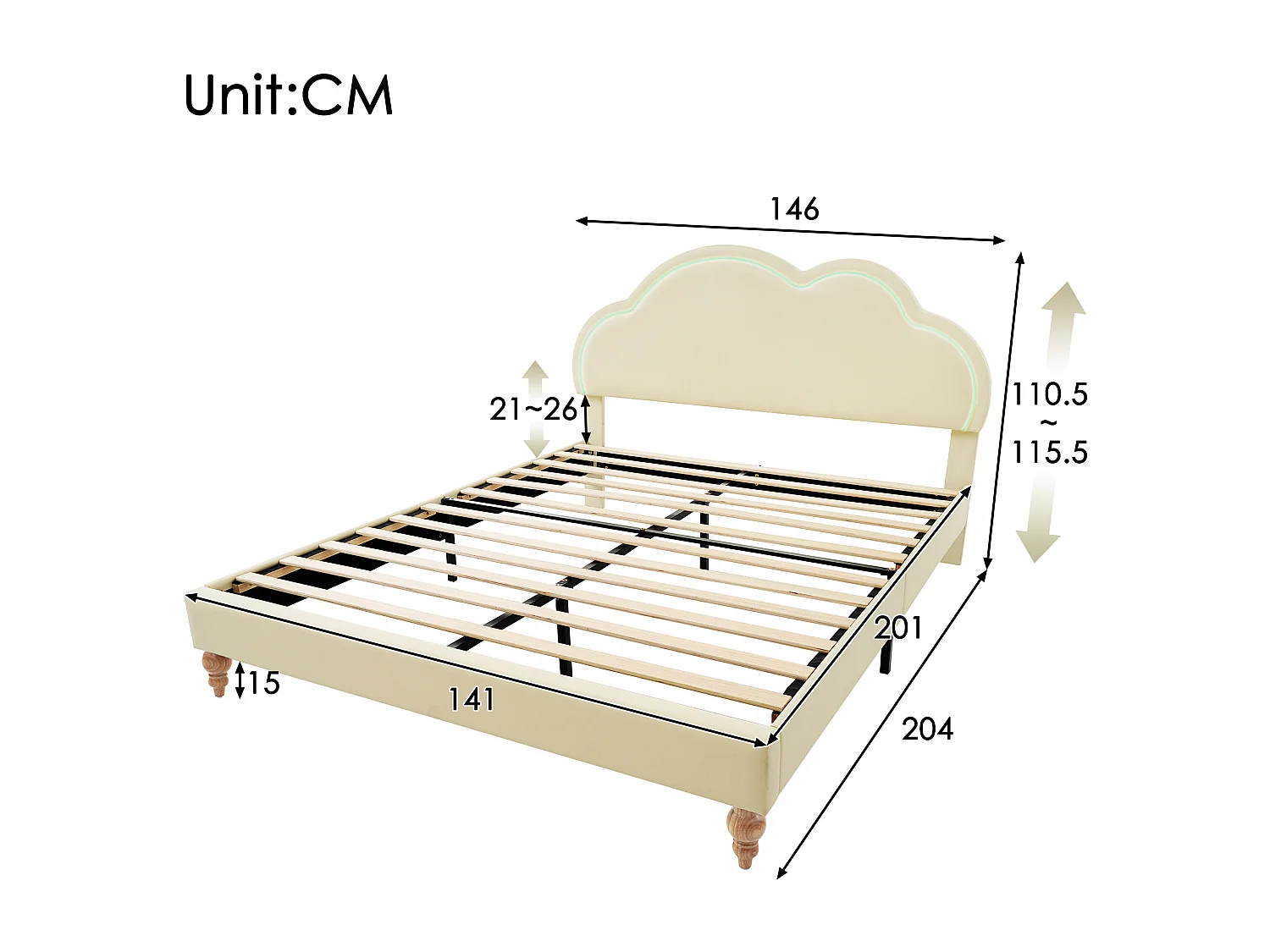 Cama tapizada 140 x 200 cm con cabecero nube ajustable - Polipiel - LED - Color crema