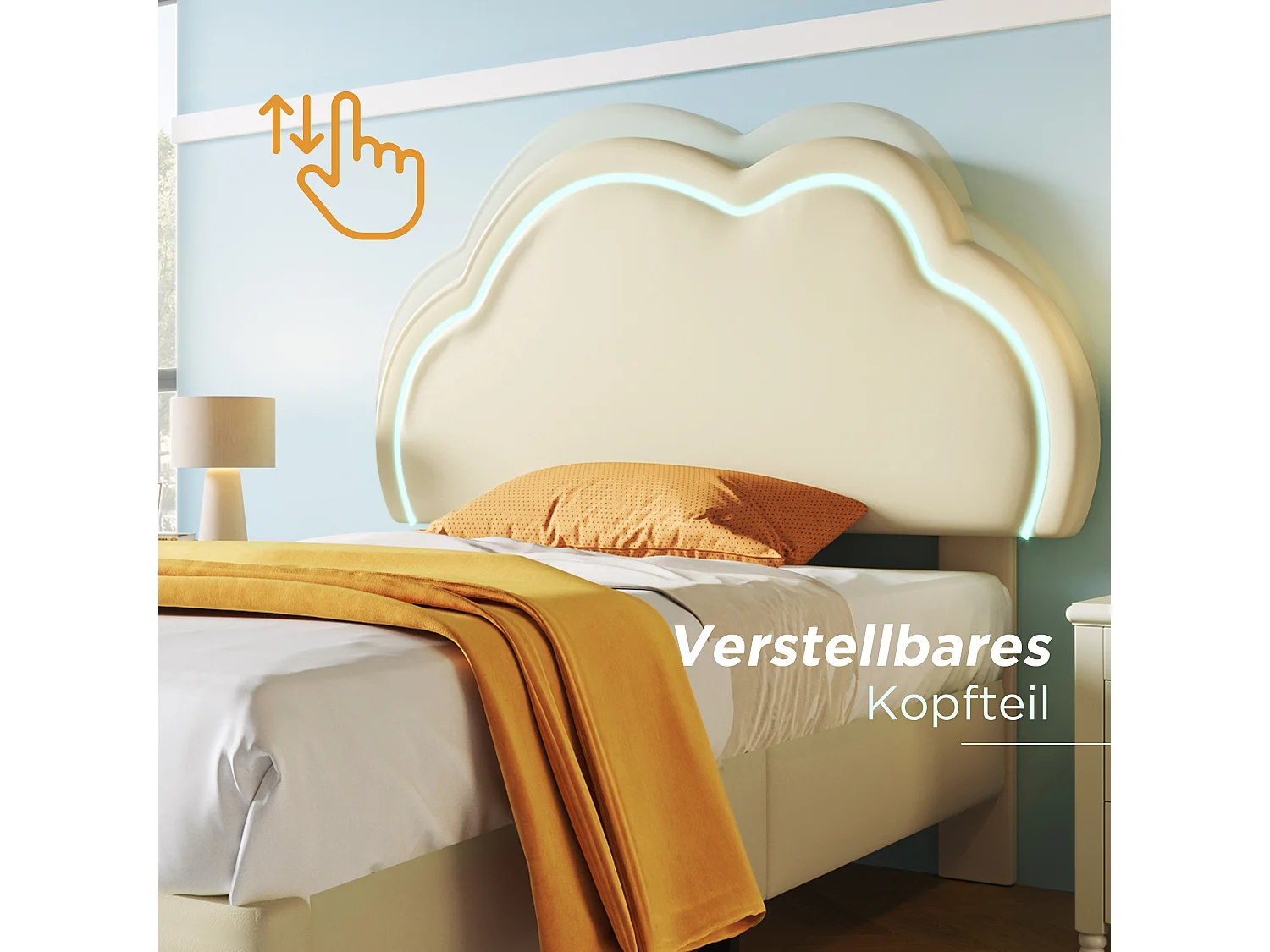 Cama tapizada 140 x 200 cm con cabecero nube ajustable - Polipiel - LED - Color crema