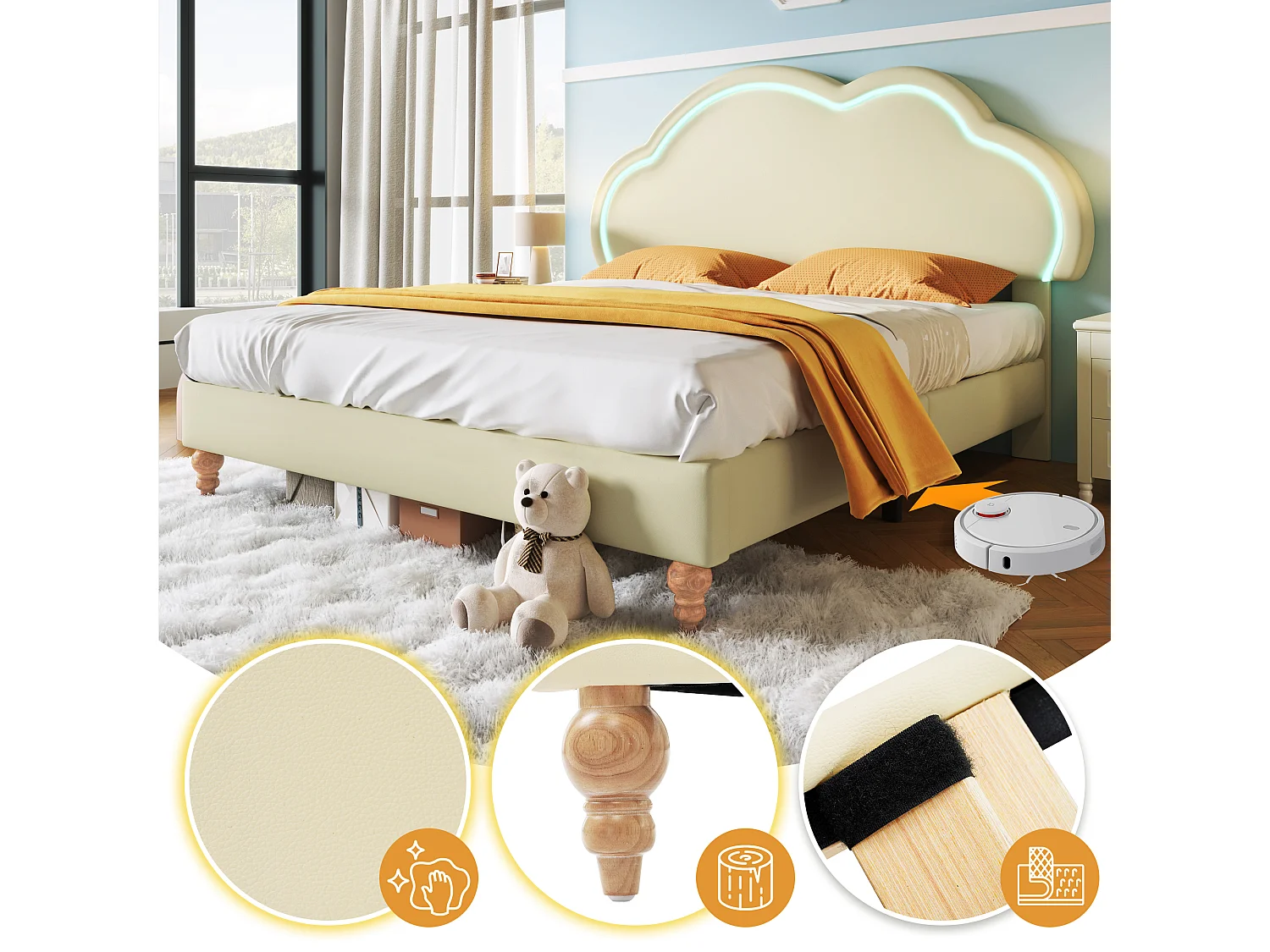 Cama tapizada 140 x 200 cm con cabecero nube ajustable - Polipiel - LED - Color crema