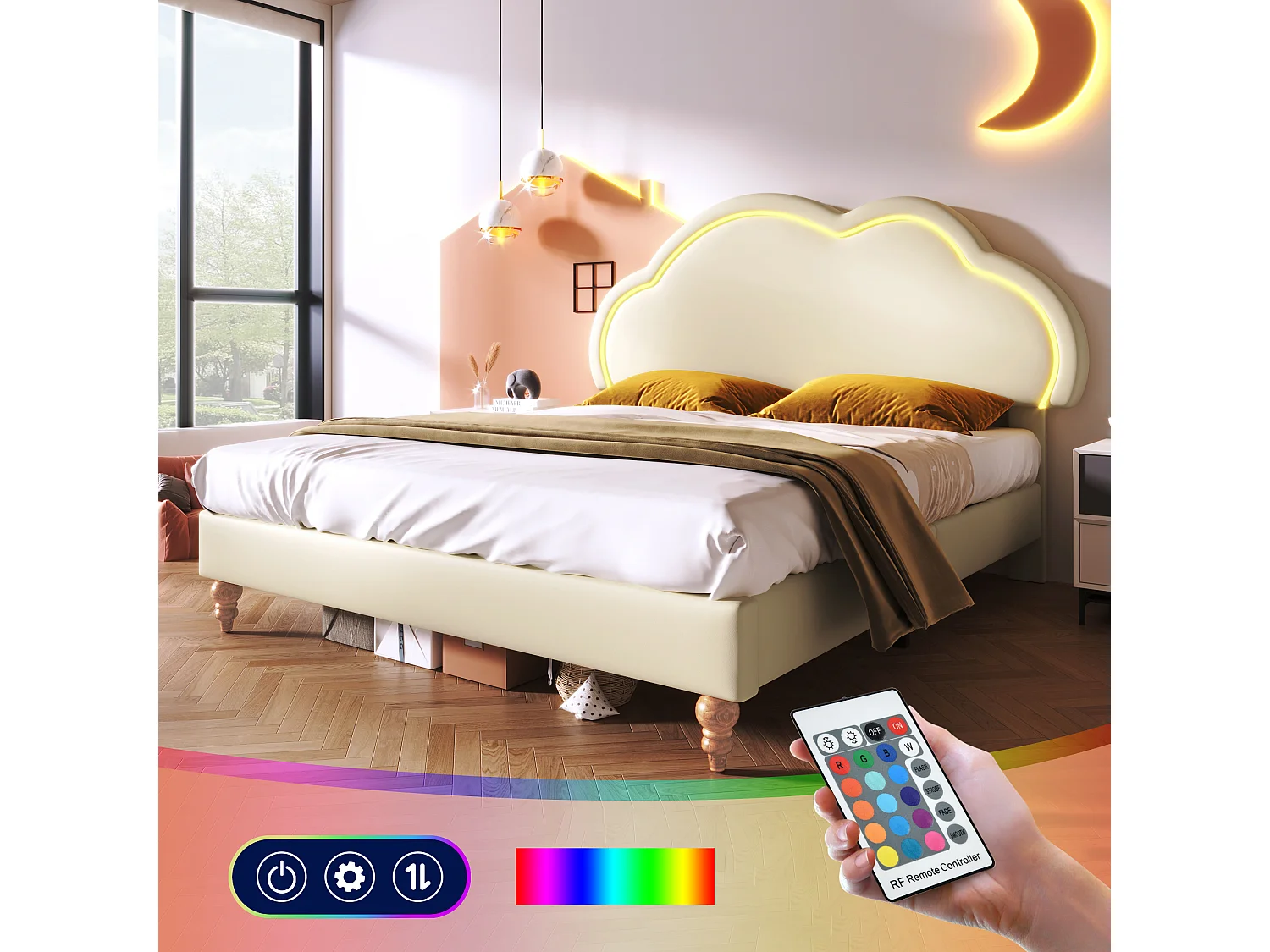 Cama tapizada 140 x 200 cm con cabecero nube ajustable - Polipiel - LED - Color crema