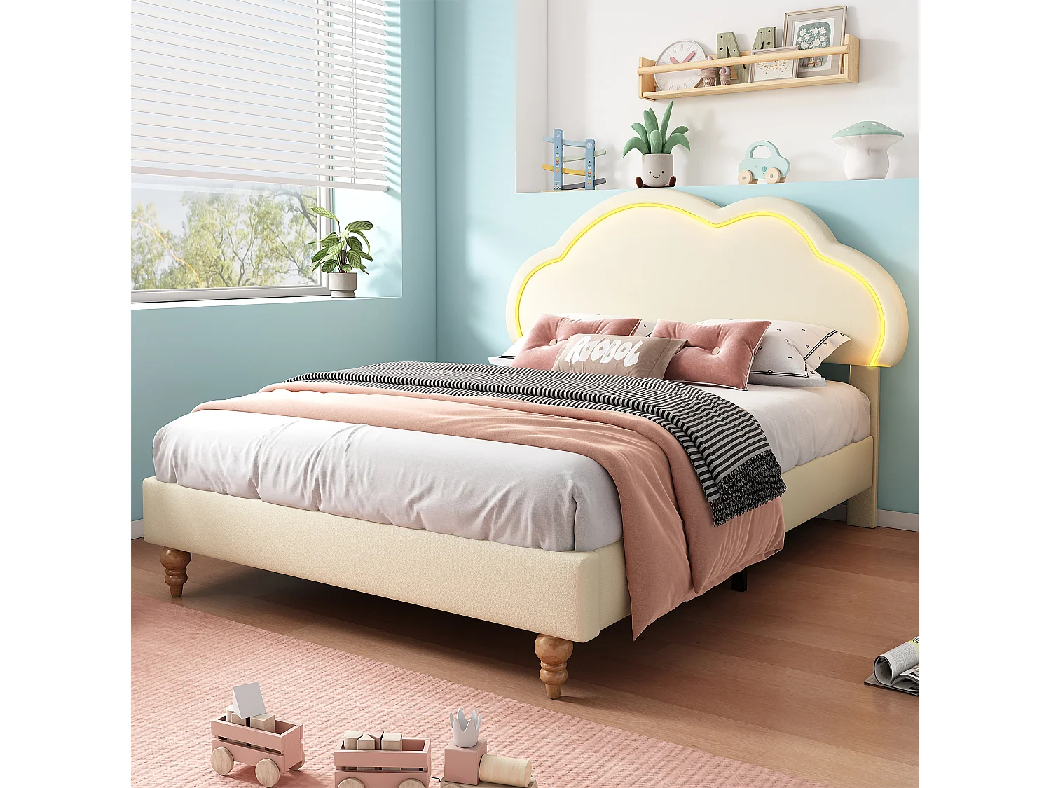 Cama tapizada 140 x 200 cm con cabecero nube ajustable - Polipiel - LED - Color crema