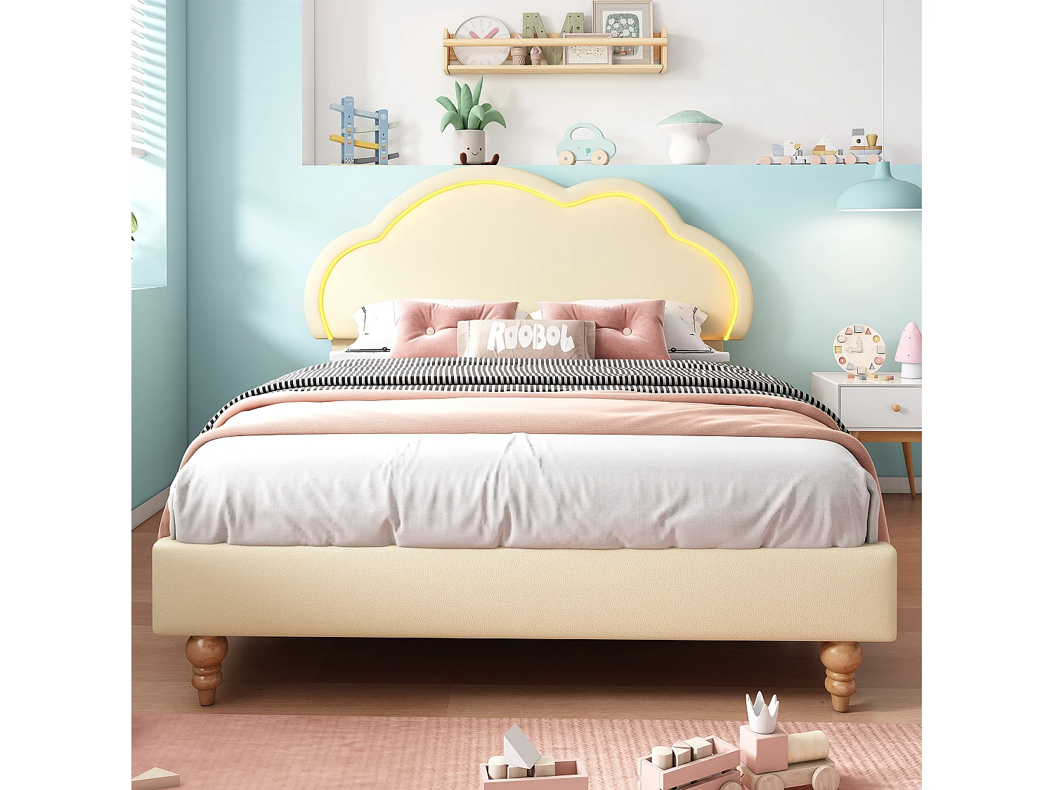 Cama tapizada 140 x 200 cm con cabecero nube ajustable - Polipiel - LED - Color crema