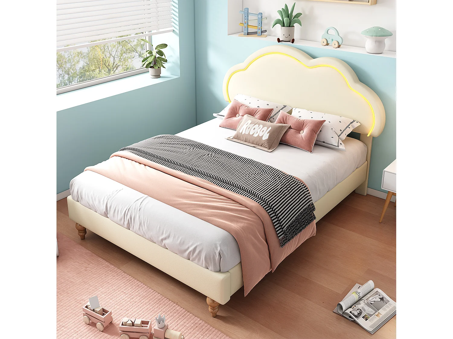 Cama tapizada 140 x 200 cm con cabecero nube ajustable - Polipiel - LED - Color crema