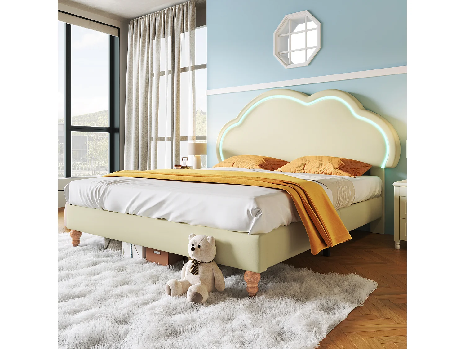 Cama tapizada 140 x 200 cm con cabecero nube ajustable - Polipiel - LED - Color crema