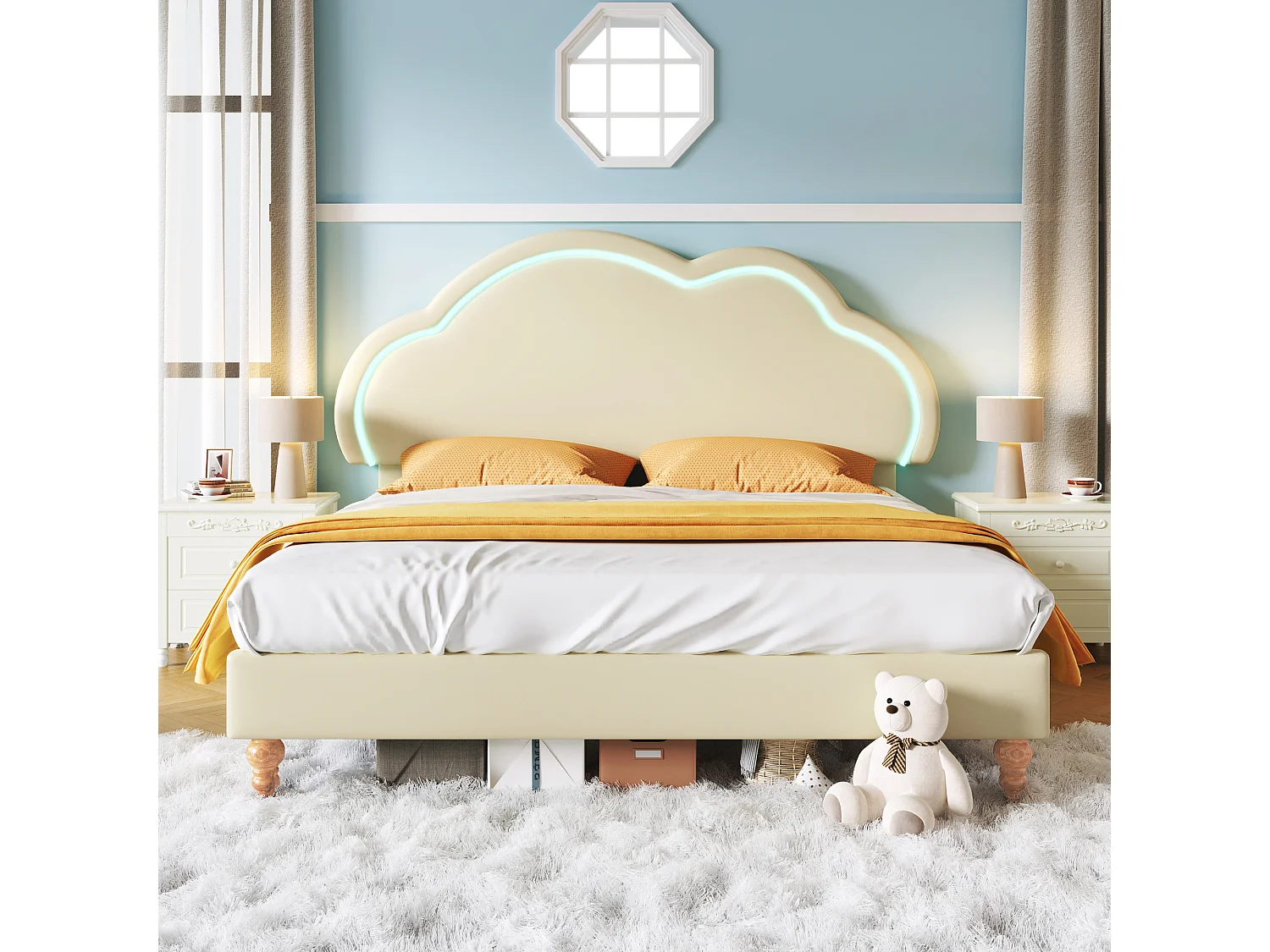 Cama tapizada 140 x 200 cm con cabecero nube ajustable - Polipiel - LED - Color crema