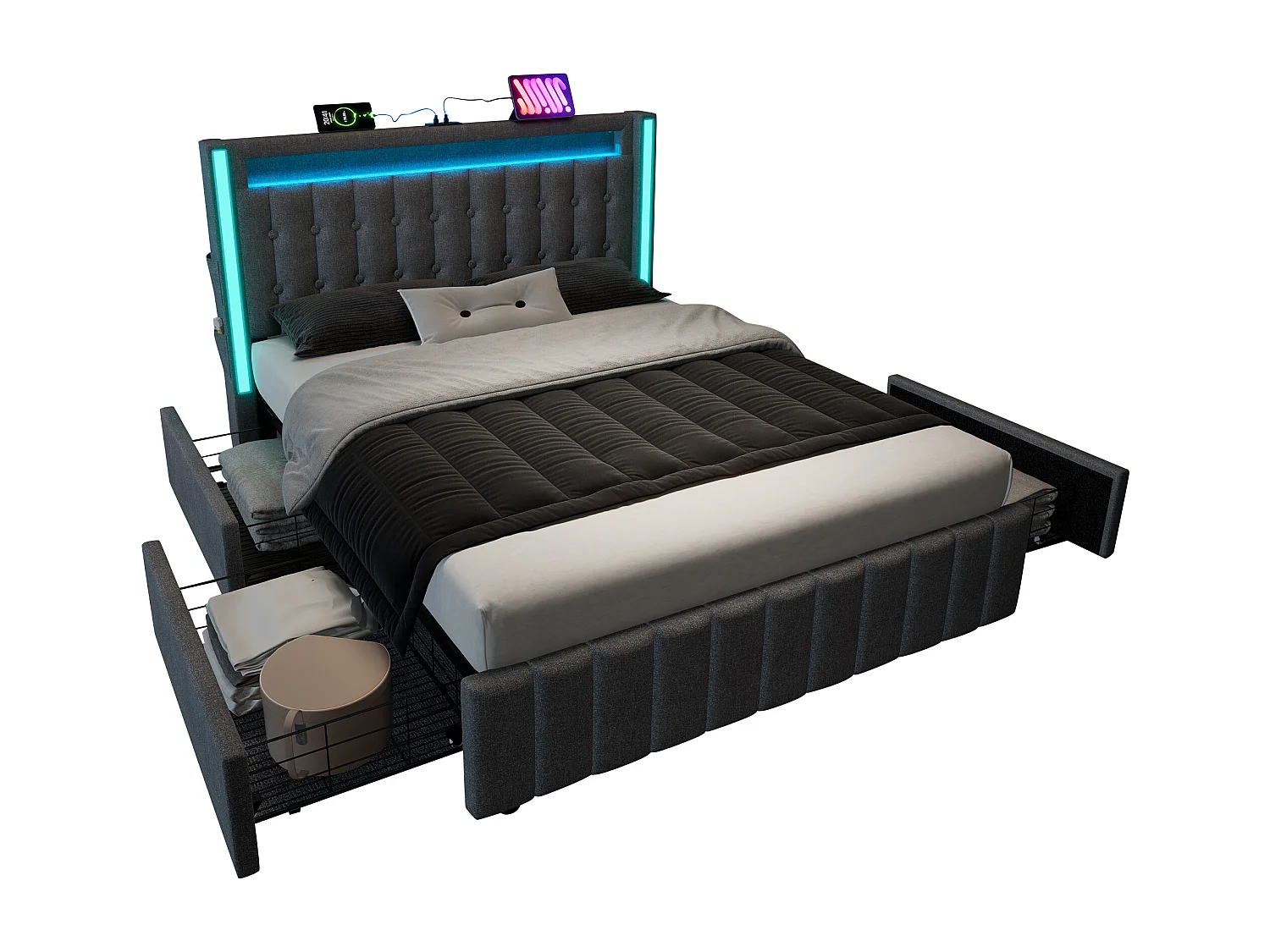 Lit capitonné 160 x 200 cm avec 4 tiroirs - Prises USB Type C et éclairage LED - Tissu en lin - Gris (sans matelas)