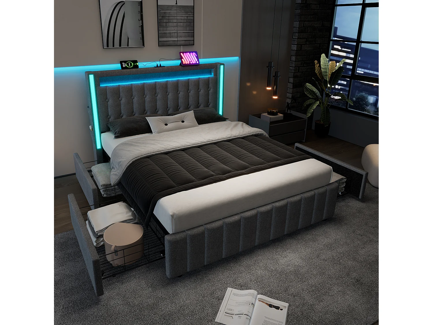 Lit capitonné 160 x 200 cm avec 4 tiroirs - Prises USB Type C et éclairage LED - Tissu en lin - Gris (sans matelas)