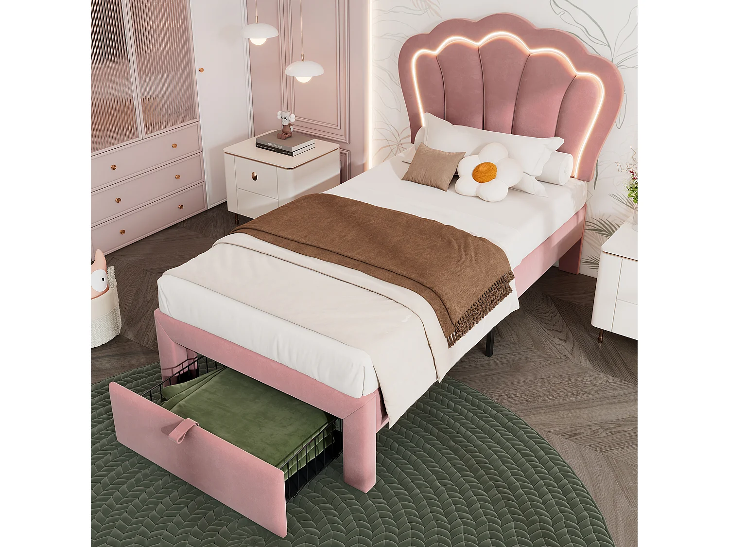 Letto imbottito 90 x 190 cm con cassetto e testiera regolabile - Velluto - LED - Colore rosa