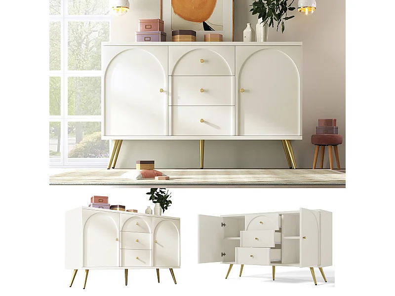 Commode avec 2 portes et 3 tiroirs, 140 x 40 x 84 cm, Panneaux de particules + métal, Blanc crème