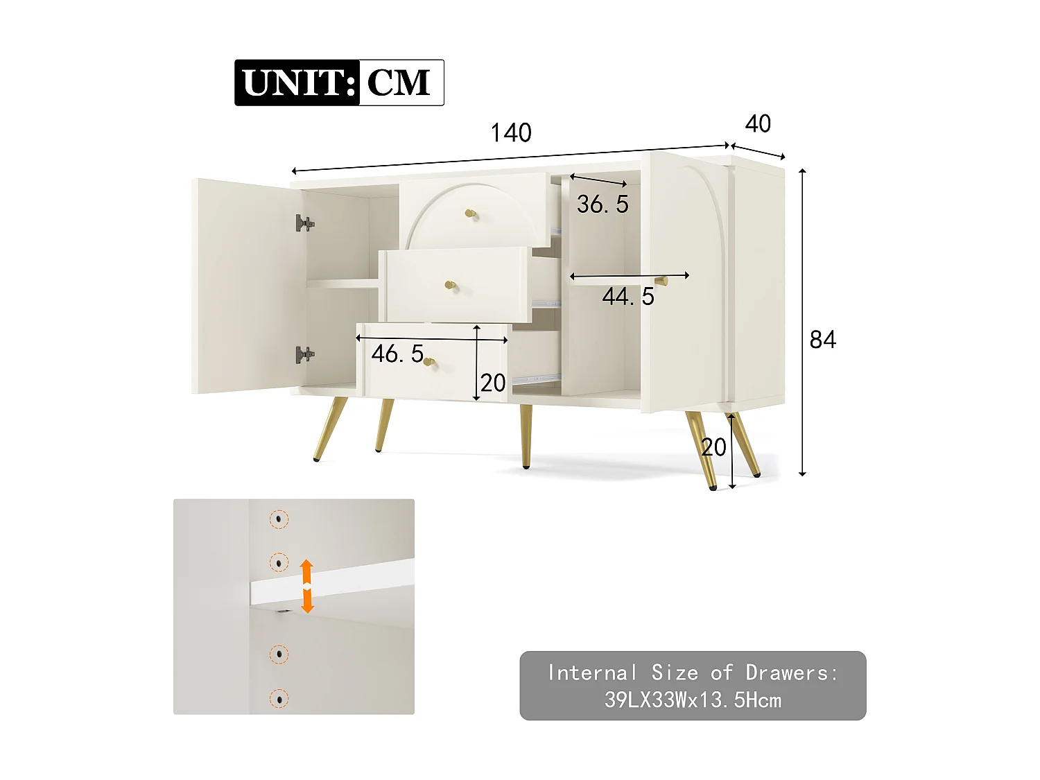 Commode avec 2 portes et 3 tiroirs, 140 x 40 x 84 cm, Panneaux de particules + métal, Blanc crème
