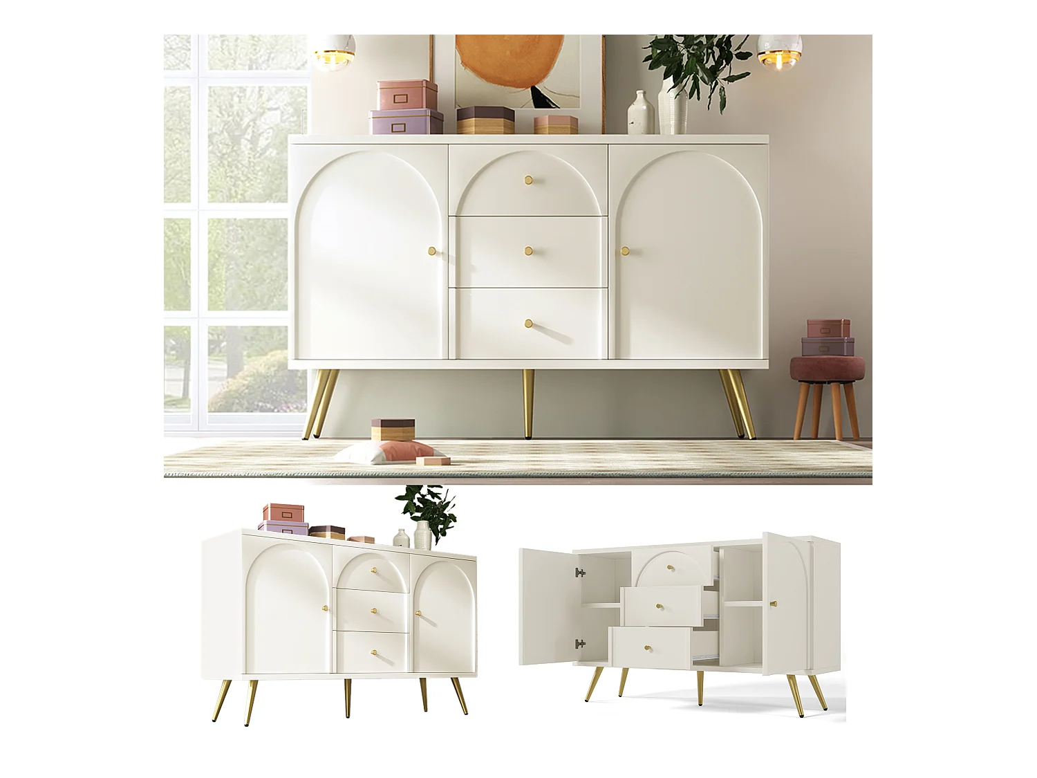 Commode avec 2 portes et 3 tiroirs, 140 x 40 x 84 cm, Panneaux de particules + métal, Blanc crème