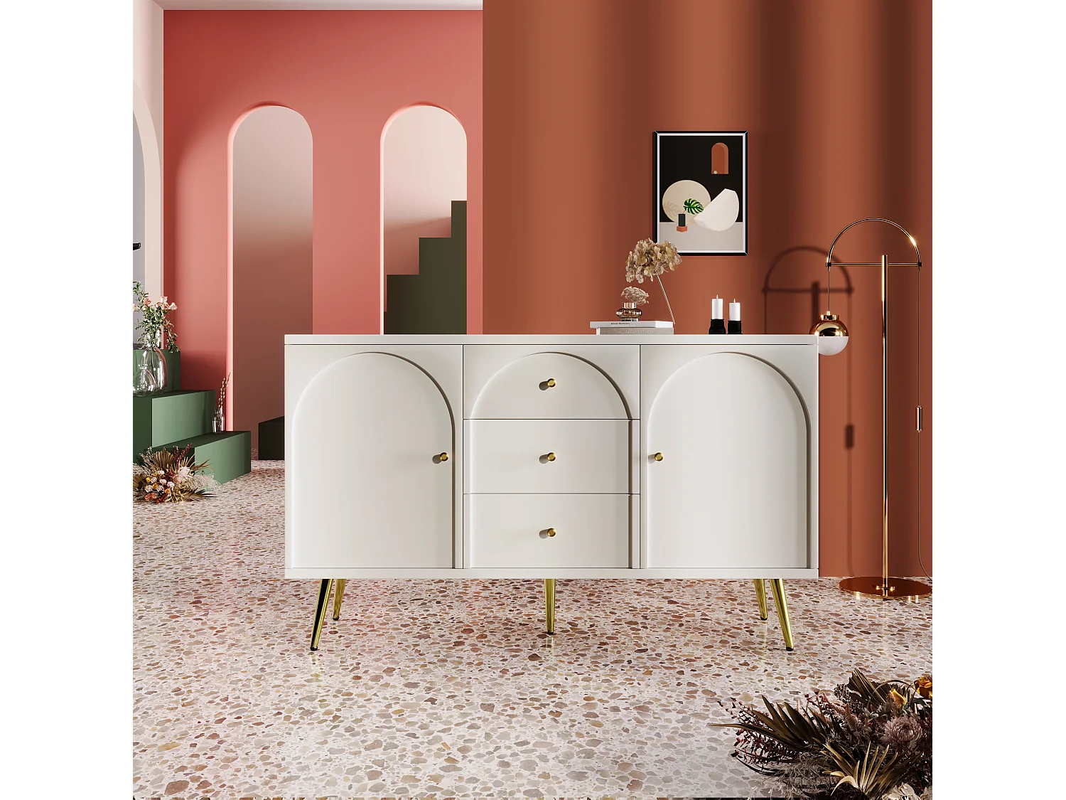 Cassettiera con 2 ante e 3 cassetti, 140 x 40 x 84 cm, Truciolare + metallo, Bianco crema