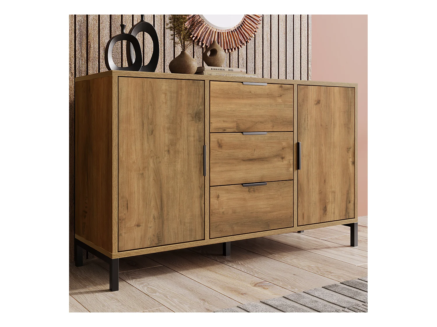 Commode 2 portes et 3 tiroirs, 120 x 40 x 76 cm, Panneaux de particules + métal, Chêne foncé
