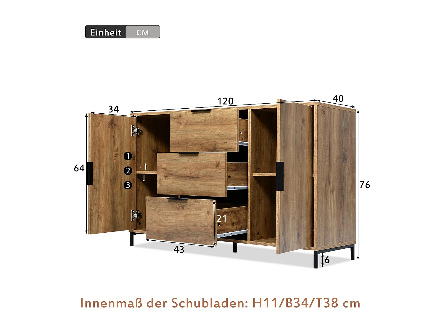 Cassettiera con 2 ante e 3 cassetti, 120 x 40 x 76 cm, Truciolare + metallo, Rovere scuro